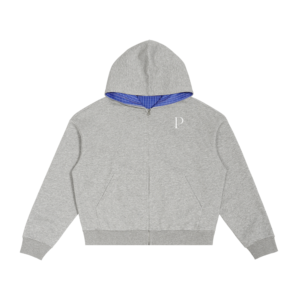 Papacitos Grey Plaid Boxy Zip Hoodie 002P