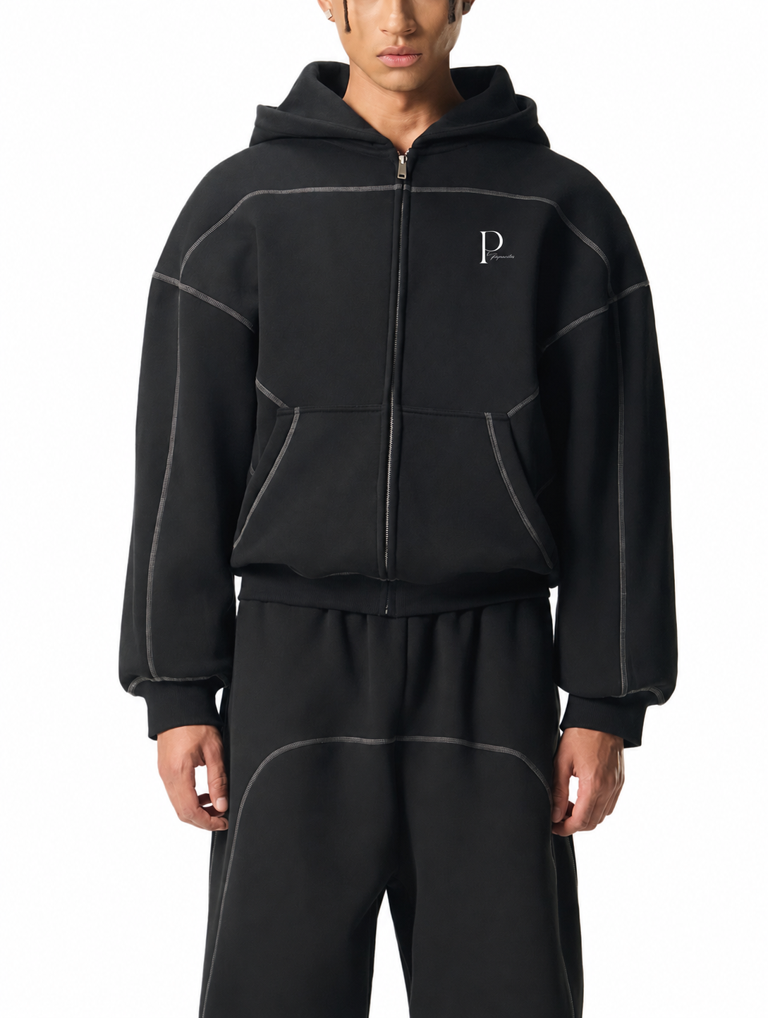 Papacitos Black Boxy Fleece Zip Hoodie 003P